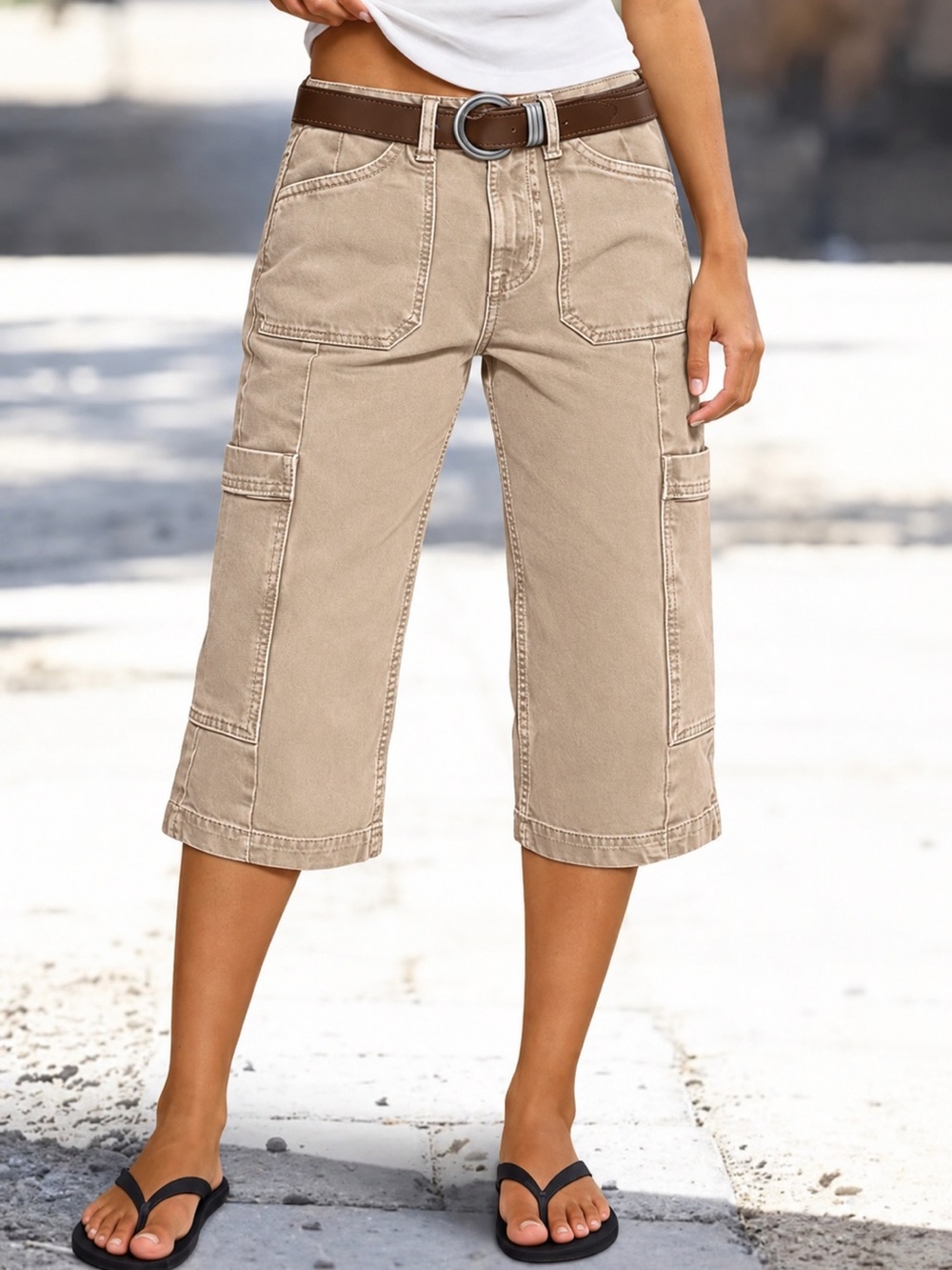 Flamingals Flap Pocket Stitch Detail Mid Waist Straight Leg Capri Pants in Tan